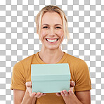 Portrait, gift and old woman with smile, excited and cheerful with celebration against studio background. Face, mature female and senior lady with box, package and present with happiness and backdrop