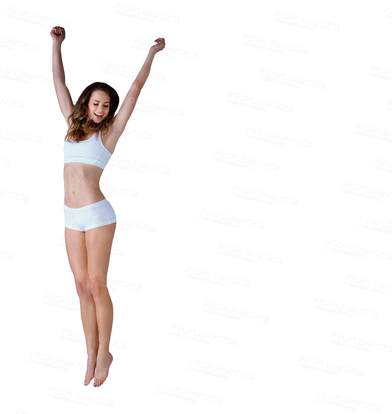 Buy stock photo Woman, underwear and jump for healthy body happy, isolated on transparent png background. Female person, leap active and lingerie for care free wellness or smile confident, fitness pride or positive