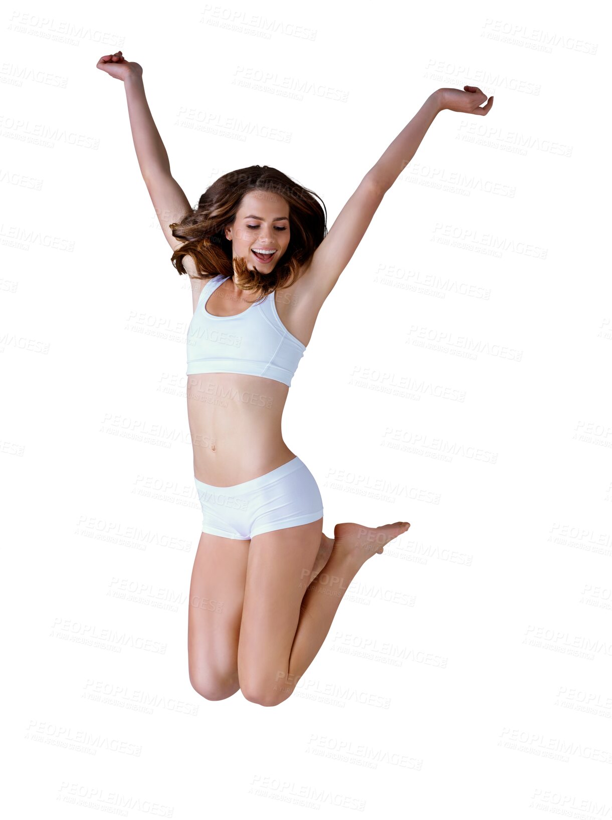 Buy stock photo Woman, underwear and jump for body health smile, isolated on transparent png background. Female person, leap active and lingerie for care free wellness or happy confident, fitness pride or positive