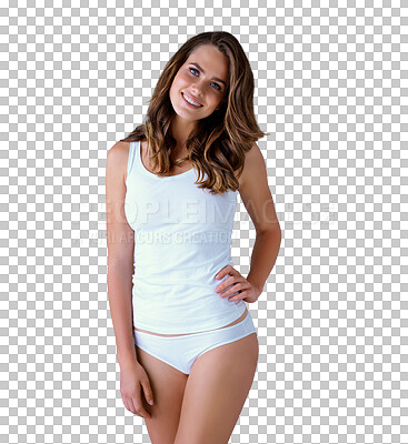 Buy stock photo Health, body care and portrait of woman isolated on transparent png background in underwear. Fitness, nutrition or wellness, happy model on weight loss diet with workout routine for healthy lifestyle