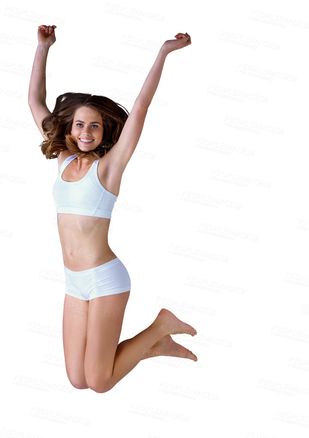 Buy stock photo Woman, portrait and underwear jump for health or body care, isolated on transparent png background. Female person, leap active and bra for free wellness or smile confident, fitness pride or positive