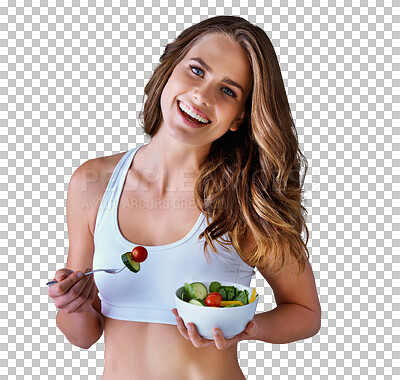 Buy stock photo Happy woman, portrait and salad bowl for diet or natural nutrition isolated on a transparent PNG background. Female person, nutritionist or model smile with organic vegetables for health and wellness