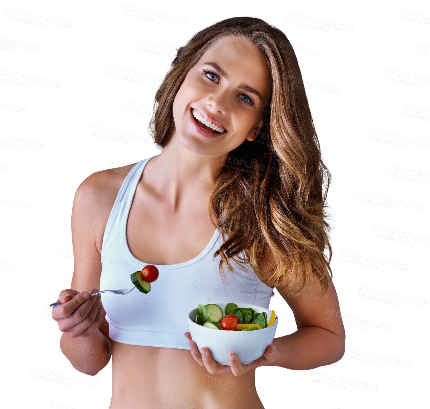 Buy stock photo Happy woman, portrait and salad bowl for diet or natural nutrition isolated on a transparent PNG background. Female person, nutritionist or model smile with organic vegetables for health and wellness