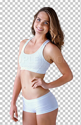 Buy stock photo Portrait, smile and body of confident woman in underwear isolated on a transparent png background. Happy person, bra and hand on hip, natural beauty and health, wellness and fashion figure in Spain