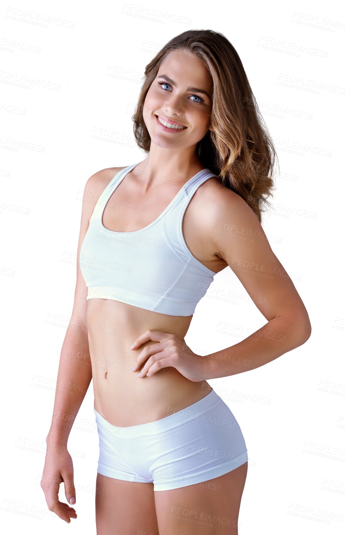 Buy stock photo Portrait, smile and body of confident woman in underwear isolated on a transparent png background. Happy person, bra and hand on hip, natural beauty and health, wellness and fashion figure in Spain