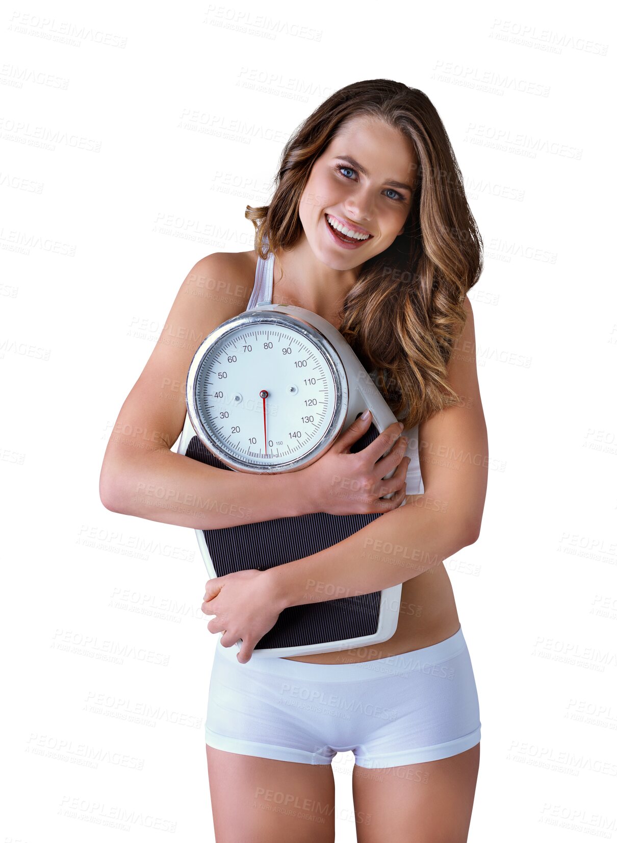 Buy stock photo Portrait, fitness and scale with a woman in underwear isolated on a transparent background for wellness. Exercise, smile or weight loss with a happy young person on PNG for a diet or nutrition