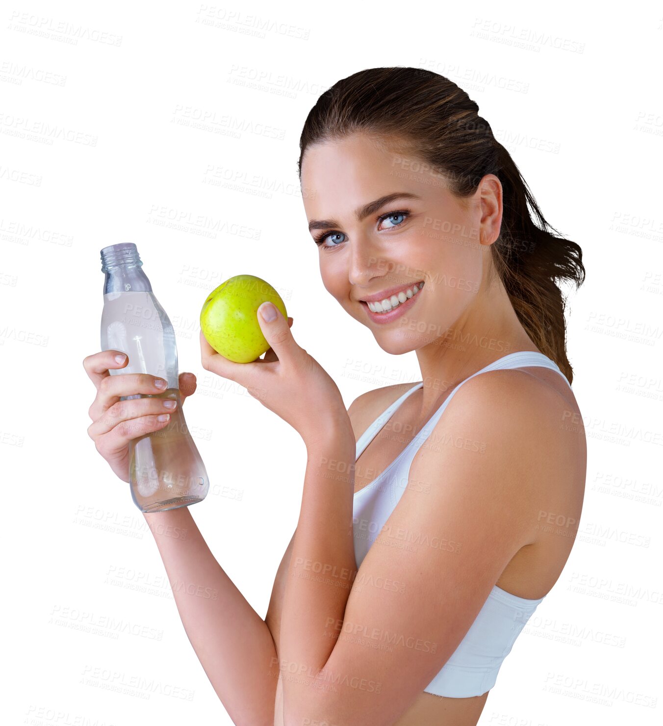 Buy stock photo Portrait, water and apple with the smile of a woman in underwear isolated on a transparent background for wellness. Face, weight loss or diet with a happy young person on PNG for fitness or nutrition