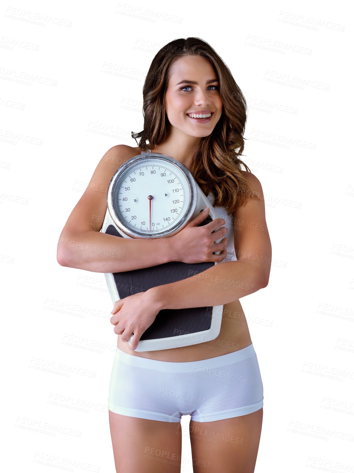 Buy stock photo Portrait, smile and scale with a woman in underwear isolated on a transparent background for wellness. Weight loss, diet or nutrition with a happy young person on PNG for fitness or natural health