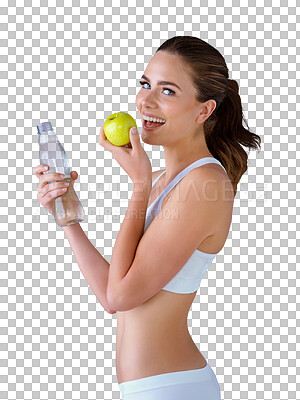 Buy stock photo Portrait, water and apple for nutrition with a woman in underwear isolated on transparent background for wellness. Smile, weight loss or diet with a happy young person eating an organic fruit on PNG