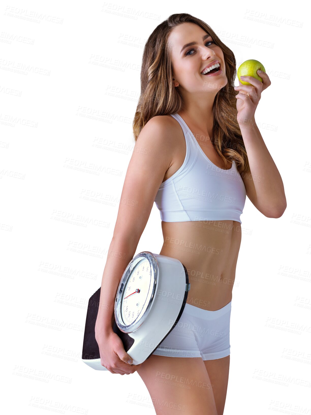 Buy stock photo Happy woman, portrait and apple with scale to lose weight or diet isolated on a transparent PNG background. Female person or model smile with organic green fruit in nutrition, health or body wellness