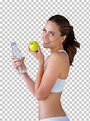 Buy stock photo Portrait, water and apple for health with a woman in underwear isolated on a transparent background for wellness. Smile, weight loss or diet with a happy young person on eating green fruit PNG