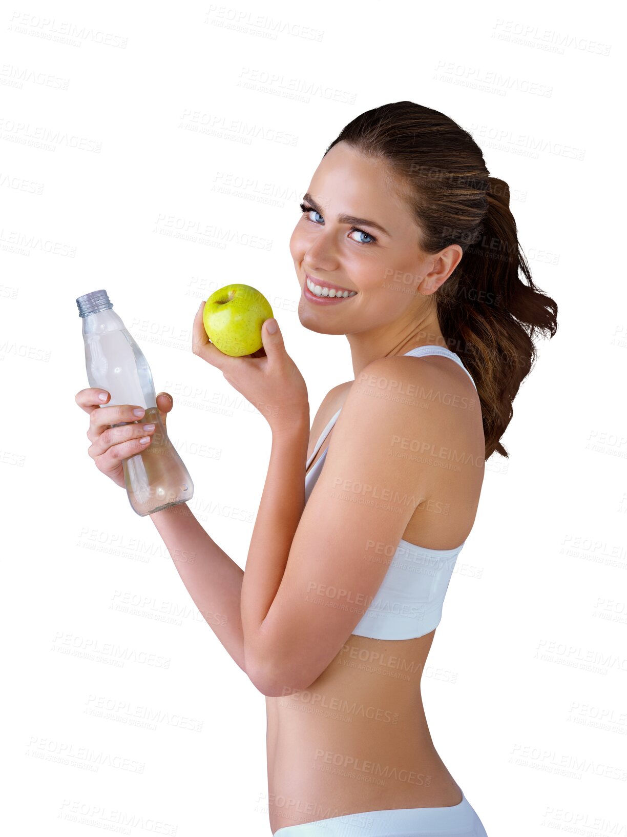 Buy stock photo Portrait, water and apple for health with a woman in underwear isolated on a transparent background for wellness. Smile, weight loss or diet with a happy young person on eating green fruit PNG