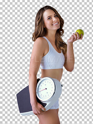 Buy stock photo Portrait, scale and apple with a healthy woman in underwear isolated on a transparent background for wellness. Smile, weight loss or body with a happy young person on PNG for fitness or nutrition