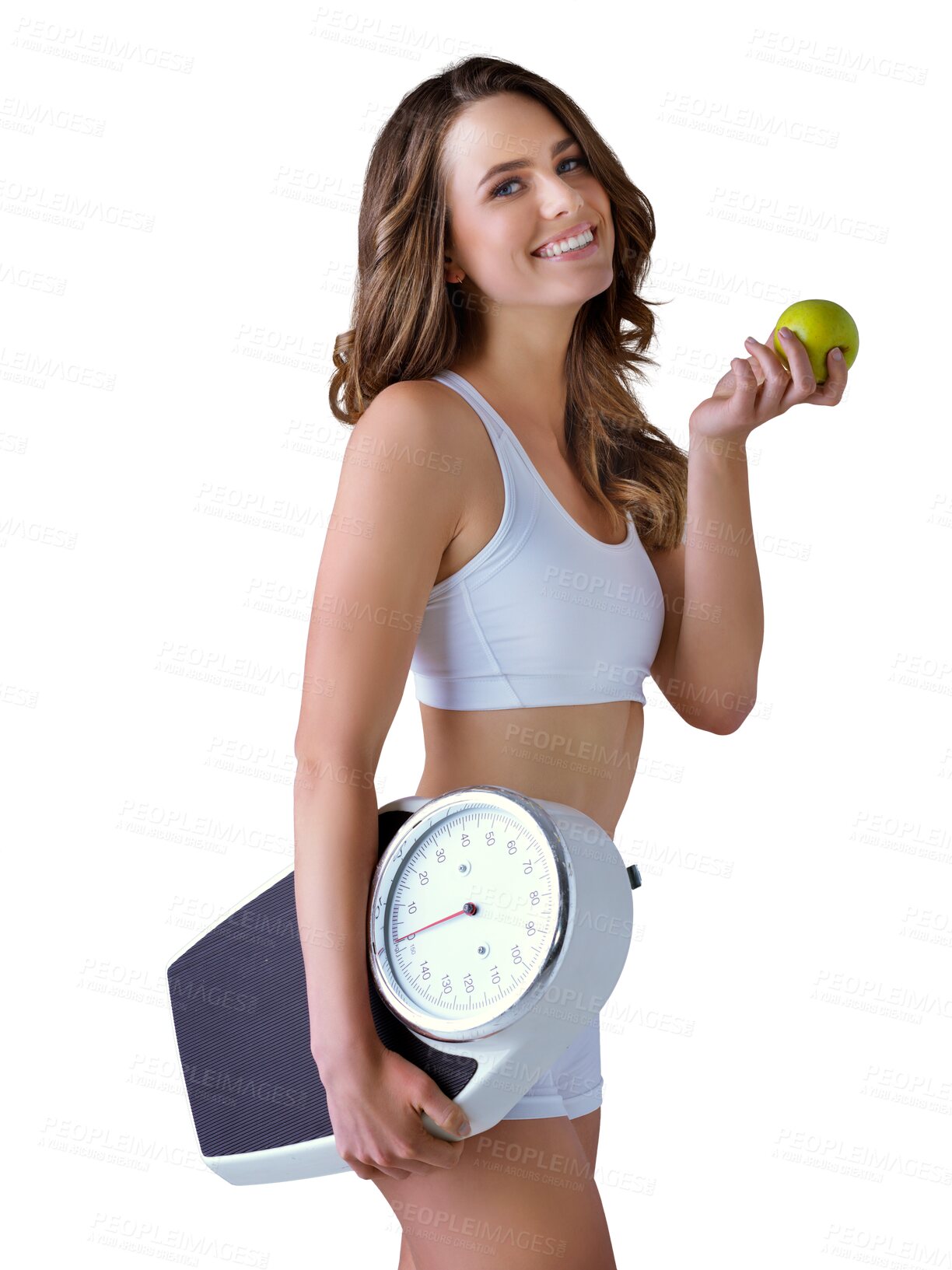 Buy stock photo Portrait, scale and apple with a healthy woman in underwear isolated on a transparent background for wellness. Smile, weight loss or body with a happy young person on PNG for fitness or nutrition