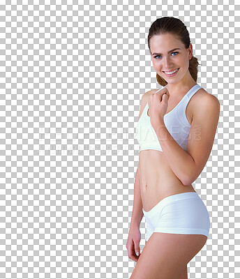 Buy stock photo Woman, portrait and underwear smile or body health natural wellness, isolated on transparent png background. Female person, face and lingerie happy or fitness workout fit, muscle care or strong pride