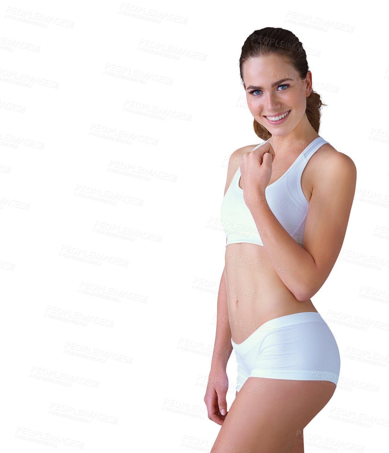 Buy stock photo Woman, portrait and underwear smile or body health natural wellness, isolated on transparent png background. Female person, face and lingerie happy or fitness workout fit, muscle care or strong pride