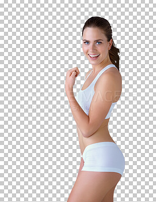 Buy stock photo Portrait, woman in underwear and flex muscle isolated on a transparent png background. Excited, person in lingerie and strong arm, healthy body and wellness for empowerment, beauty and slim in Spain