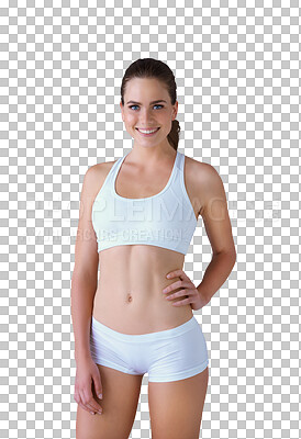 Buy stock photo Portrait, confidence and body of happy woman in underwear isolated on a transparent png background. Smile, person in clothes or hand on hip, natural beauty or health, wellness or slim figure in Spain