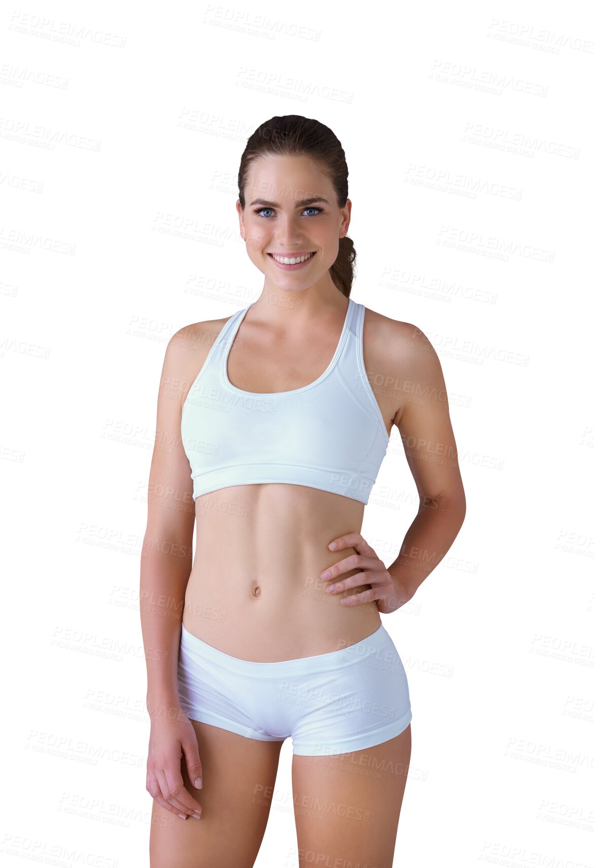 Buy stock photo Portrait, confidence and body of happy woman in underwear isolated on a transparent png background. Smile, person in clothes or hand on hip, natural beauty or health, wellness or slim figure in Spain