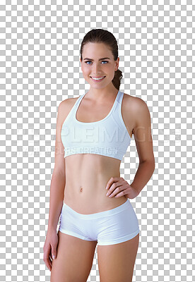 Buy stock photo Portrait, happy and body of confident woman in underwear isolated on a transparent png background. Smile, person in clothes and hand on hip, natural beauty or health, wellness or slim figure in Spain