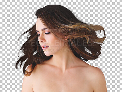 Buy stock photo Isolated woman, hair care and beauty with thinking, results and healthy by transparent png background. Girl, balayage and ideas with vision for cosmetic change, transformation and Brazilian treatment