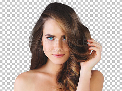 Buy stock photo Woman, portrait and smile with beauty for hair care, cosmetic and treatment with shine, glow and growth. Person, face and happy with hairstyle and volume isolated on a png transparent background