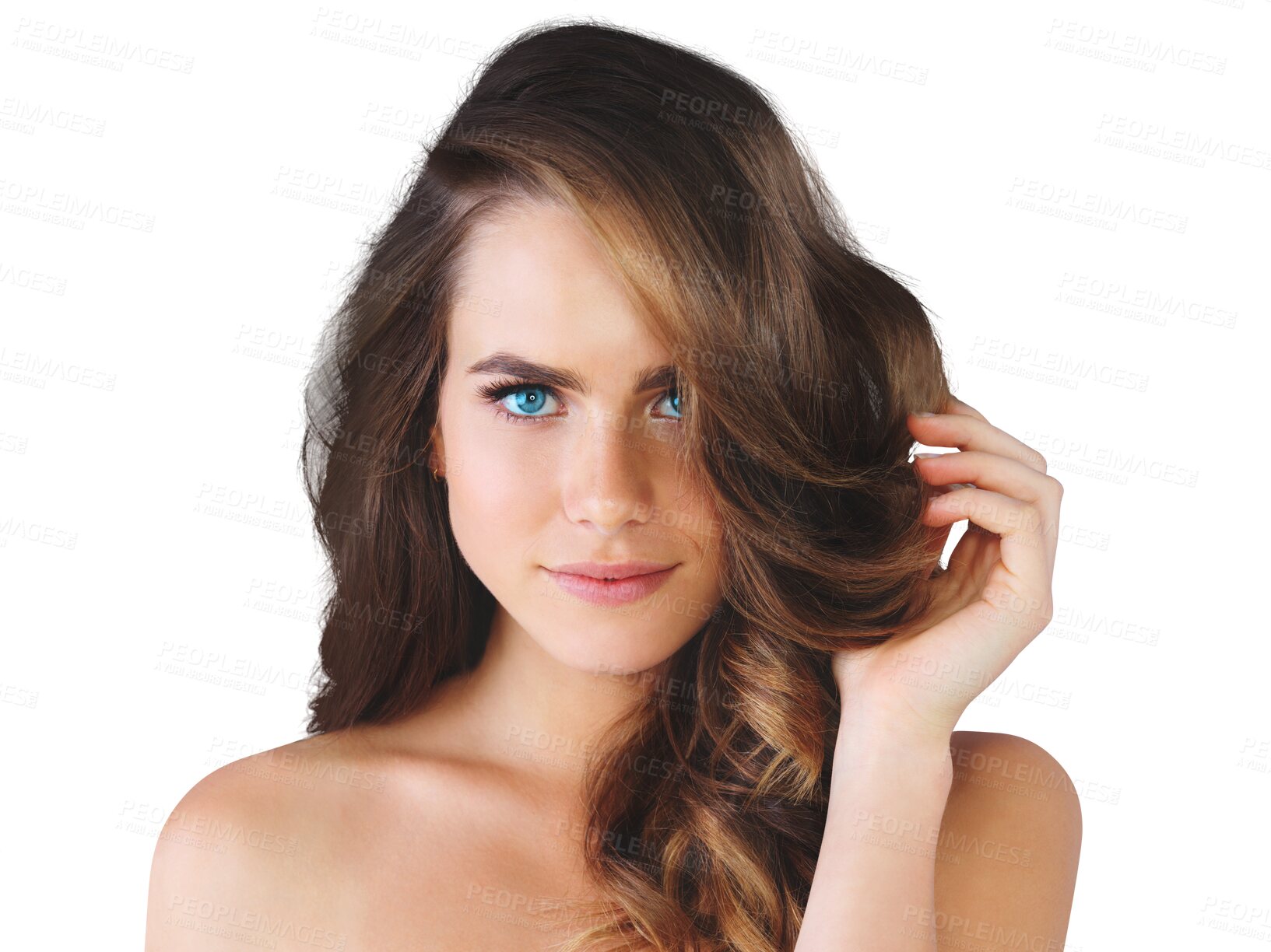 Buy stock photo Woman, portrait and smile with beauty for hair care, cosmetic and treatment with shine, glow and growth. Person, face and happy with hairstyle and volume isolated on a png transparent background