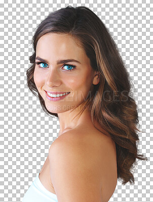 Buy stock photo Isolated woman, hair care and smile in portrait, results and healthy by transparent png background. Girl, balayage and beauty with wellness for cosmetic change, transformation and Brazilian treatment