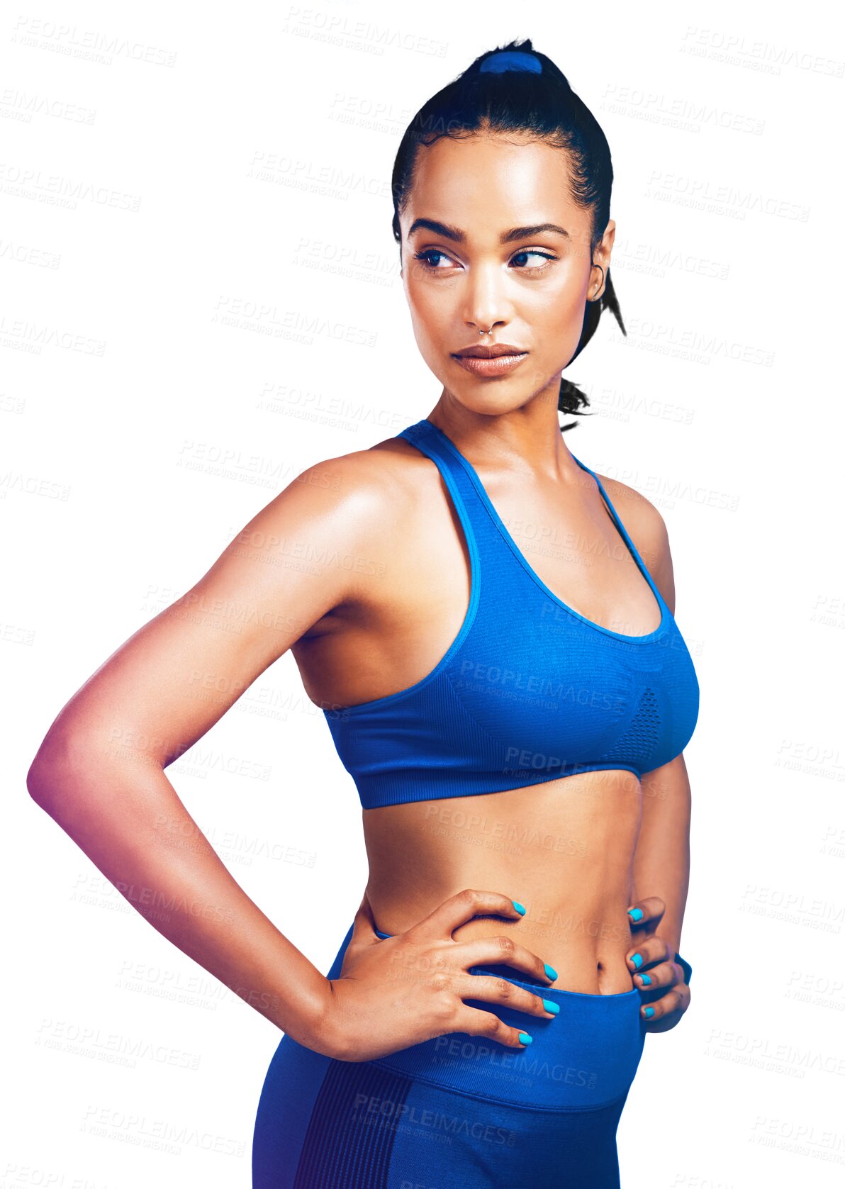 Buy stock photo Fitness, thinking and health, woman isolated on transparent png background with confidence, pride and gym. Wellness, workout and body care, healthy girl athlete in exercise with power and commitment.