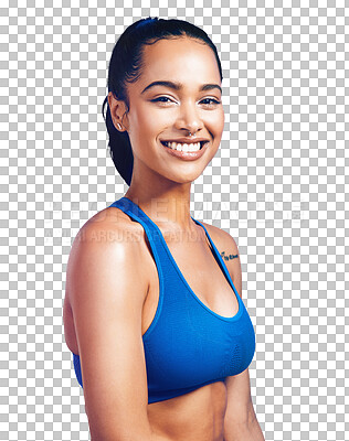 Buy stock photo Fitness, gym and portrait of happy woman isolated on transparent png background with confidence, pride and exercise. Wellness, workout and face of healthy girl athlete with smile, commitment and care