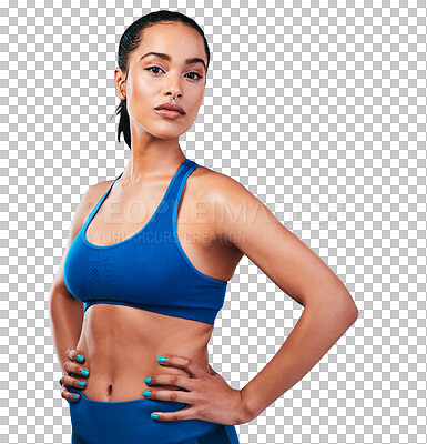 Buy stock photo Exercise, confidence and portrait of woman isolated on transparent png background with power, pride and fitness. Wellness, workout and healthy girl athlete with results, commitment and body care.