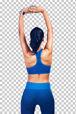 Buy stock photo Woman, fitness and stretching arms for workout or training isolated on a transparent PNG background. Rear view of female person, athlete model or runner in body warm up or getting ready for exercise