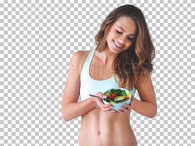 Buy stock photo Happy woman, bowl and salad for health, diet or wellness in nutrition for vegetarian. Female model, confident and smile with excited emoji for weight loss on isolated or transparent png background