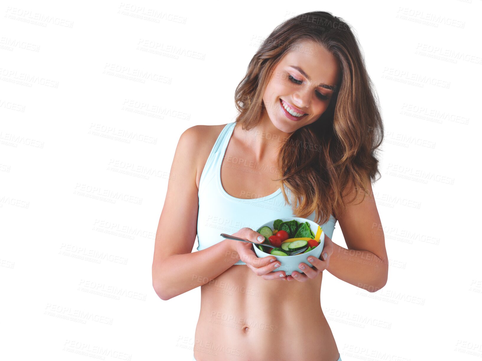 Buy stock photo Happy woman, bowl and salad for health, diet or wellness in nutrition for vegetarian. Female model, confident and smile with excited emoji for weight loss on isolated or transparent png background