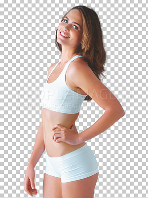 Buy stock photo Fitness, body care and portrait of woman isolated on transparent png background in underwear. Health, nutrition or wellness, happy model on weight loss diet with workout routine for healthy lifestyle