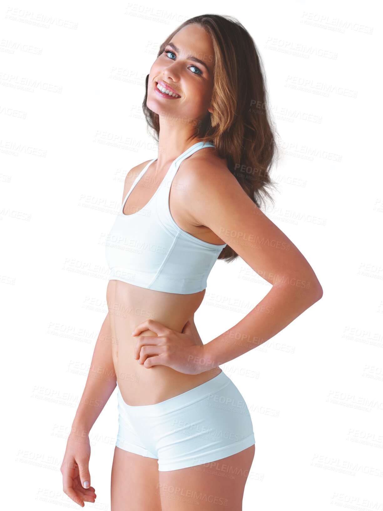 Buy stock photo Fitness, body care and portrait of woman isolated on transparent png background in underwear. Health, nutrition or wellness, happy model on weight loss diet with workout routine for healthy lifestyle