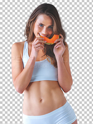 Buy stock photo Portrait, smile and body with a woman and melon isolated on transparent background for wellness. Food, health and diet for weight loss with a happy young person eating fruit on PNG for nutrition