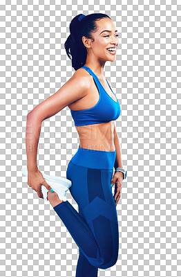 Buy stock photo Fitness, leg warm up and happy woman isolated on transparent png background with confidence, pride and exercise. Wellness, workout and healthy girl athlete with body care, commitment and stretching.