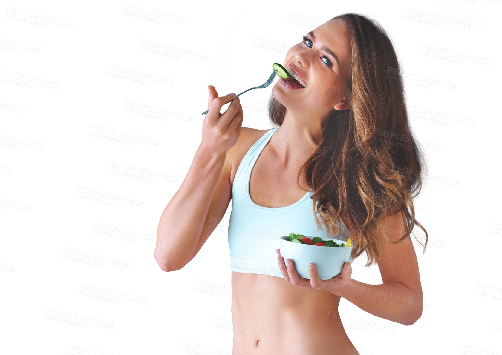 Buy stock photo Portrait, health and eating salad with a woman in underwear isolated on a transparent background for wellness. Smile, food for weight loss and a happy young person on PNG for natural nutrition