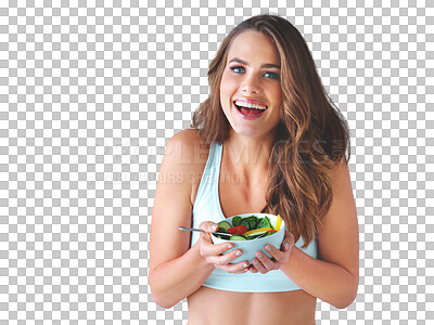 Buy stock photo Portrait, health and salad with an excited woman in underwear isolated on a transparent background for wellness. Smile, nutrition or diet for weight loss with a happy young person on PNG for fitness