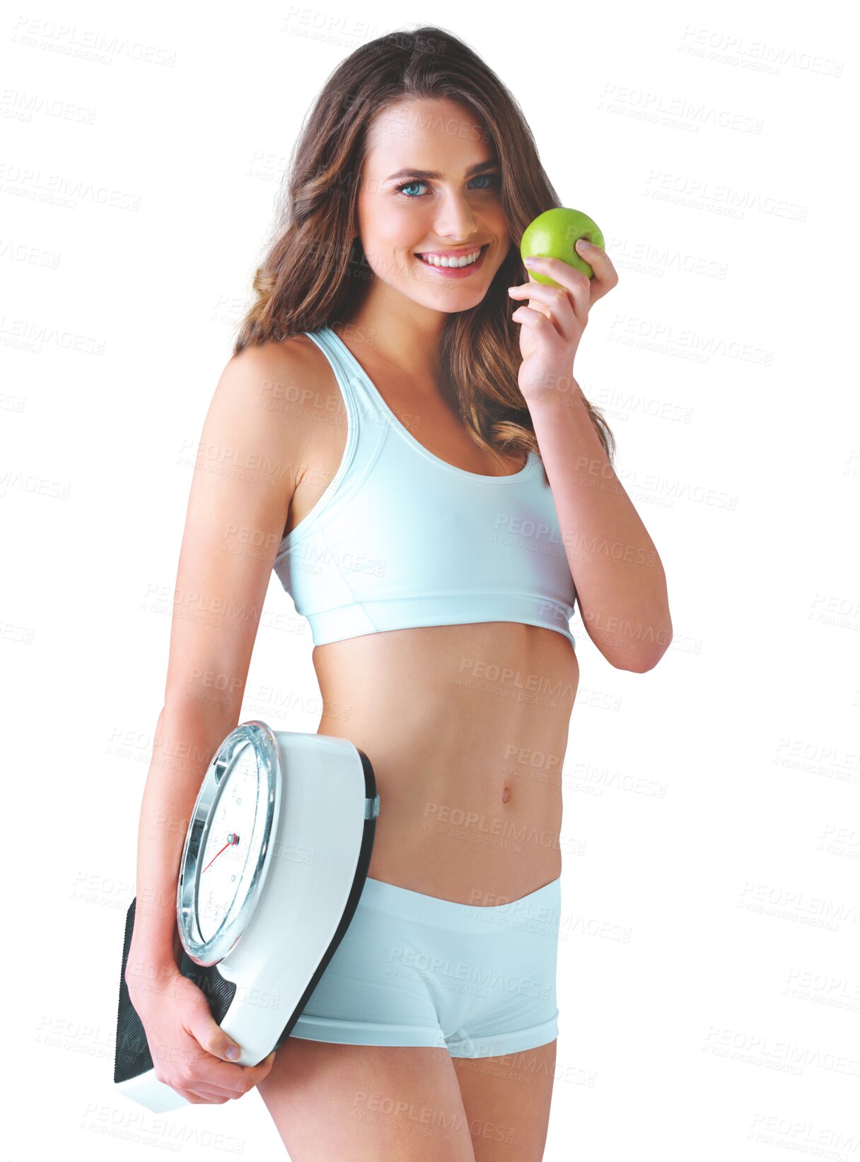 Buy stock photo Portrait, apple and scale with a woman in underwear isolated on a transparent background for wellness. Smile, health or weight loss and a happy young person on PNG with food for organic nutrition