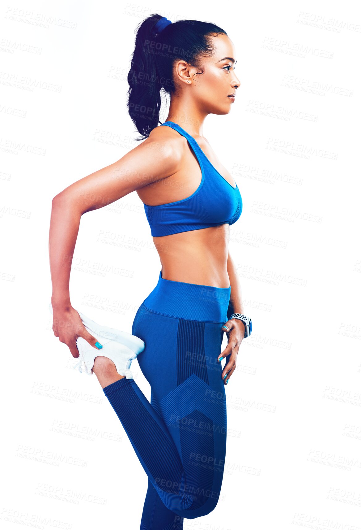 Buy stock photo Fitness, leg warm up and profile of woman isolated on transparent png background with confidence, pride and gym. Wellness, workout and healthy girl athlete with body care, commitment and stretching.