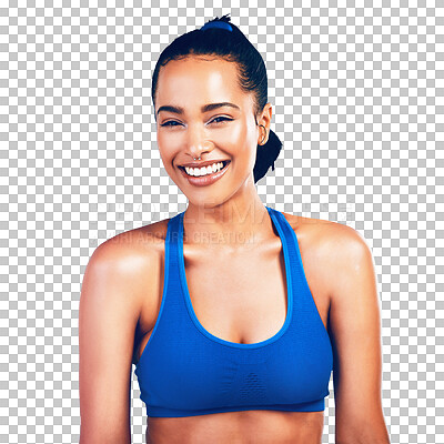 Buy stock photo Happy woman, face and portrait in fitness, fashion or sportswear isolated on a transparent PNG background. Active female person, athlete or model smile for exercise, workout or training for wellness