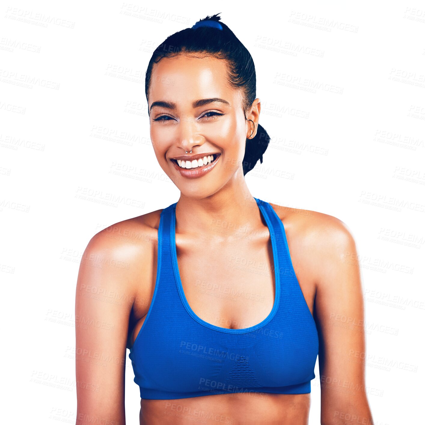 Buy stock photo Happy woman, face and portrait in fitness, fashion or sportswear isolated on a transparent PNG background. Active female person, athlete or model smile for exercise, workout or training for wellness