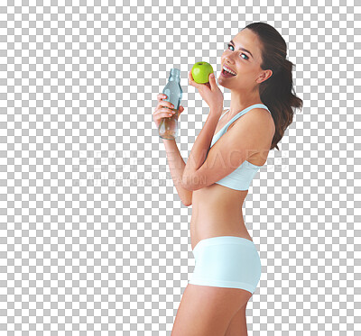 Buy stock photo Portrait, water and apple with a woman in underwear isolated on a transparent background for wellness. Smile, health or weight loss a happy young person eating fruit on PNG for fitness or nutrition