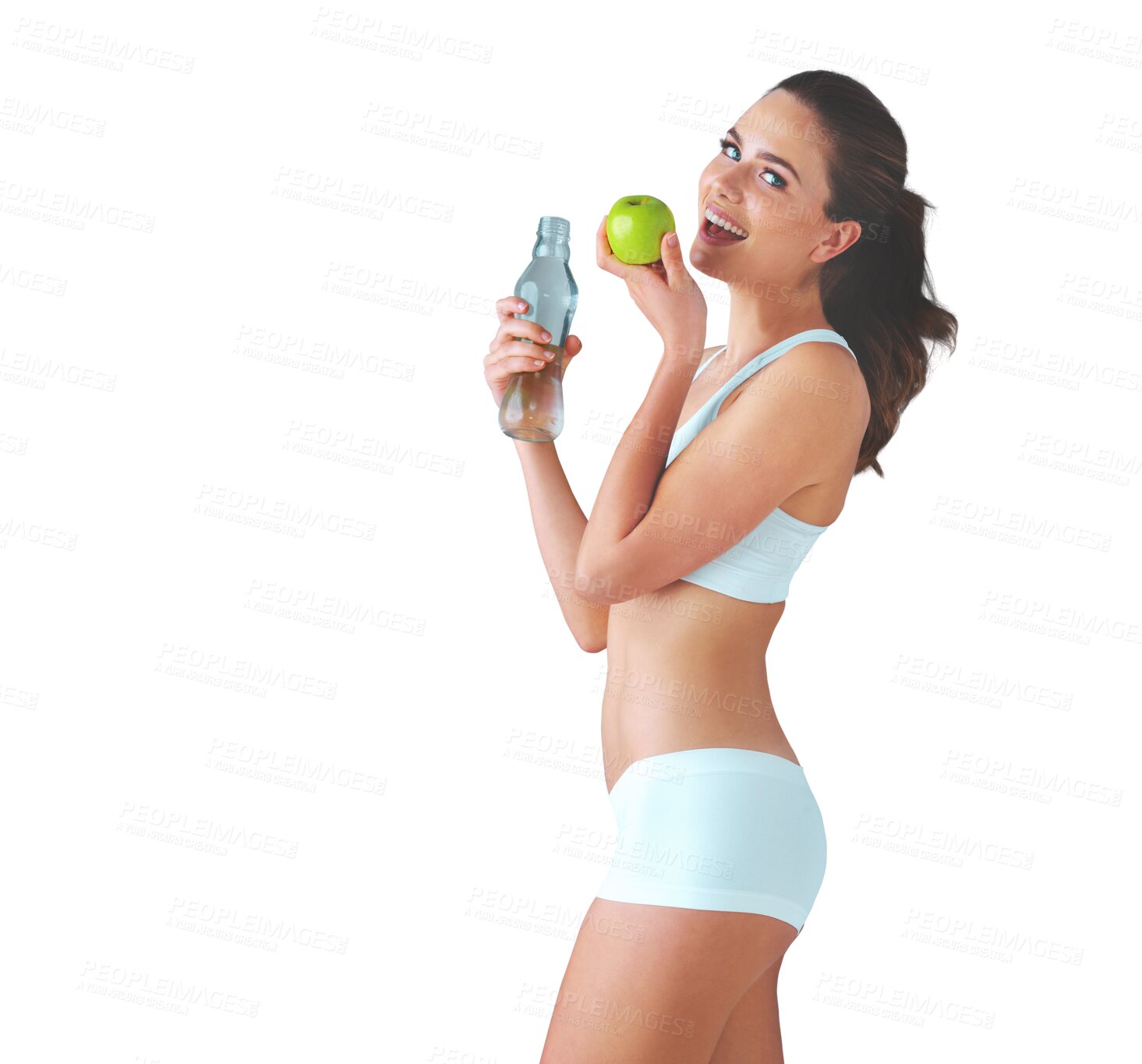 Buy stock photo Portrait, water and apple with a woman in underwear isolated on a transparent background for wellness. Smile, health or weight loss a happy young person eating fruit on PNG for fitness or nutrition