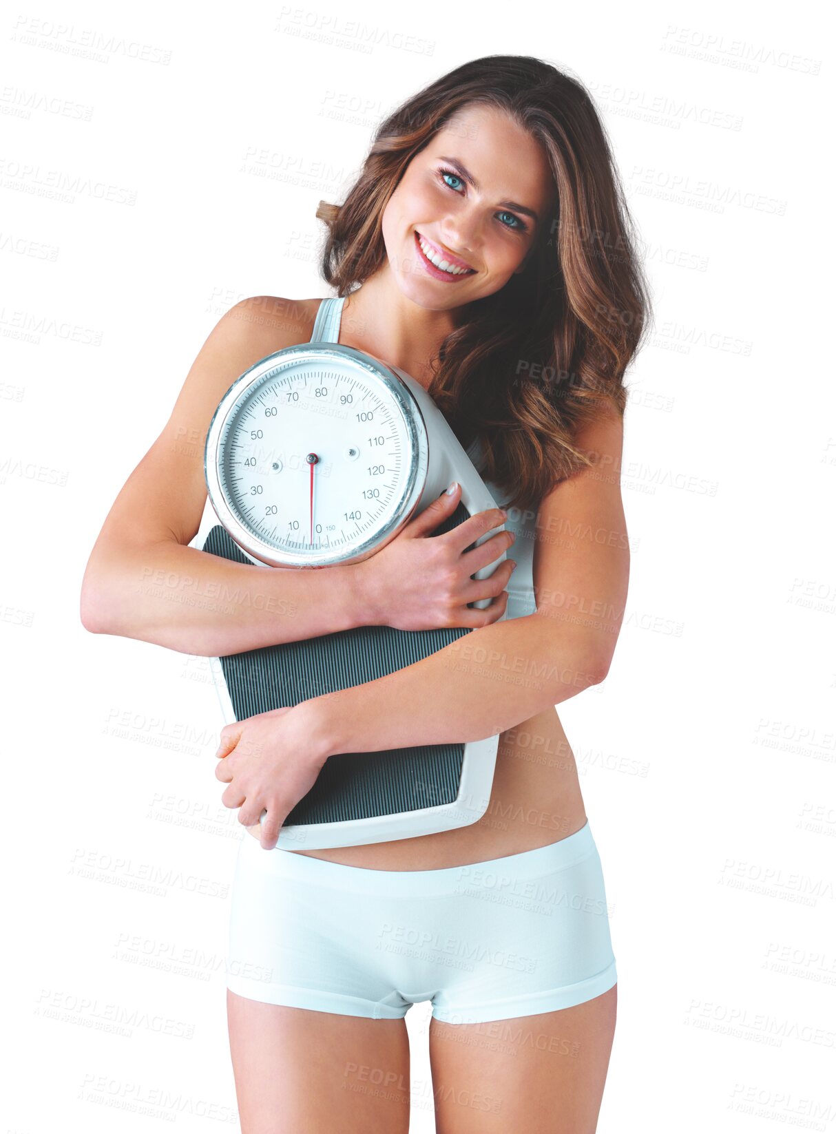 Buy stock photo Portrait, health and scale with a woman in underwear isolated on a transparent background for wellness. Smile, weight loss or exercise with a happy young person on PNG for fitness, diet or nutrition