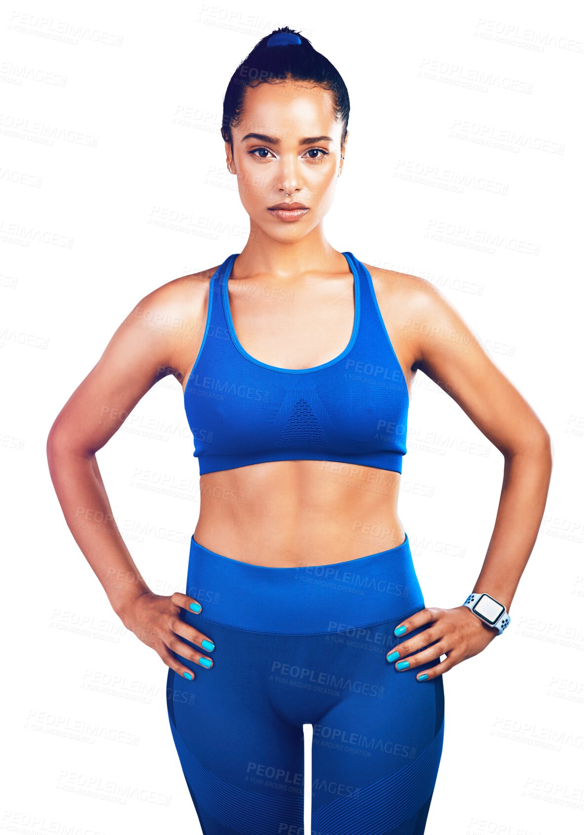 Buy stock photo Fitness, confidence and health, portrait of woman isolated on transparent png background with pride and exercise. Wellness, workout and healthy girl athlete with motivation, commitment and body care.