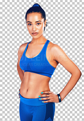 Buy stock photo Exercise, confidence and portrait of woman isolated on transparent png background with health, pride and fitness. Wellness, workout and healthy girl athlete with motivation, commitment and body care.