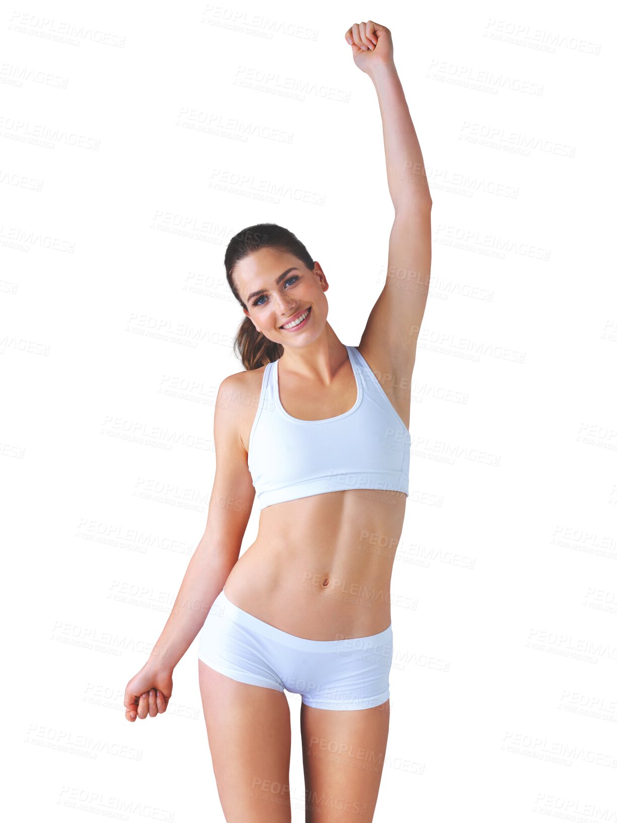 Buy stock photo Portrait, winner and body with a woman in underwear isolated on a transparent background for relax wellness. Smile, health and weight loss with a happy young person in fitness celebration on PNG